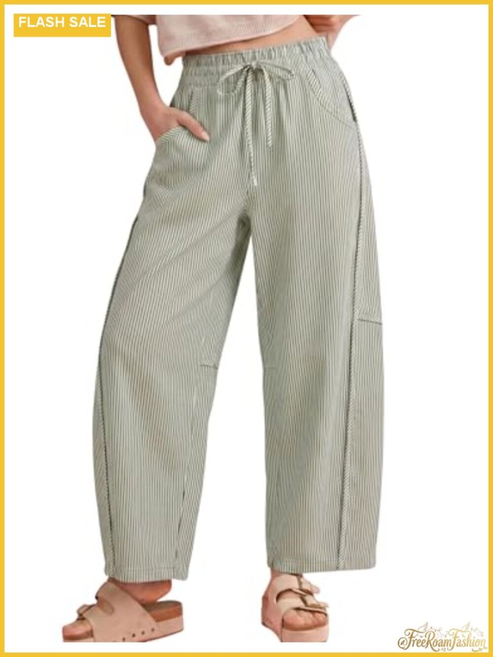 Striped Wide Leg Baggy Barrel Pants with Pockets Cotton Blend Women Casual
